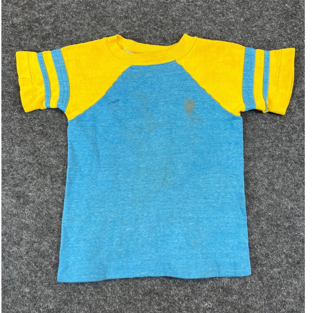 VTG 60s Raglan Sweatshirt Shirt Kids Small Yellow Blue Stripe Sleeve Ringer